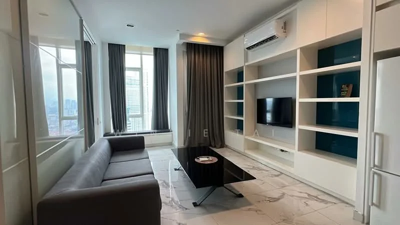 Living features: grey fabric sofa, black coffee table, wall-mounted TV, white built-in shelving unit, marble tile flooring, floor-to-ceiling windows, curtains, wall-mounted air conditioning unit, decorative book on shelf, neutral wall color; style: modern; view: city.