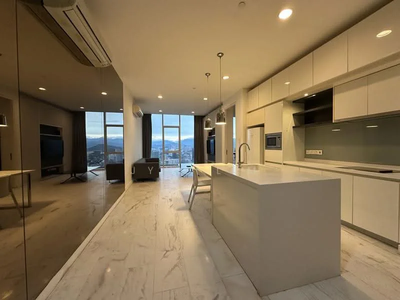 Kitchen features: white cabinetry, marble countertop, single-bowl stainless-steel sink, chrome pull-down faucet, built-in microwave, freestanding range oven, refrigerator, pendant lighting, recessed downlights, floor-to-ceiling windows, city view, open layout; style: modern; view: city. Living features: wall-mounted TV, sofa, coffee table, floor-to-ceiling windows, city view; style: modern; view: city.