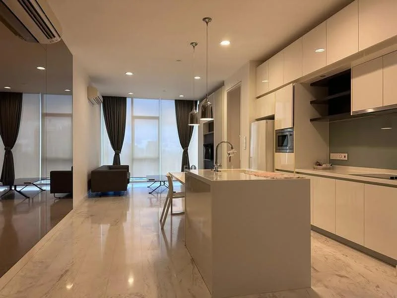 Kitchen features: white cabinetry, marble countertop, stainless-steel sink, chrome pull-down faucet, built-in oven, built-in microwave, recessed LED downlights, pendant light, open shelving, floor-to-ceiling windows, cream walls, marble tile flooring; style: modern; view: city. Living features: brown fabric sofa, coffee table, floor-to-ceiling windows, curtains, marble tile flooring; style: modern; view: city.