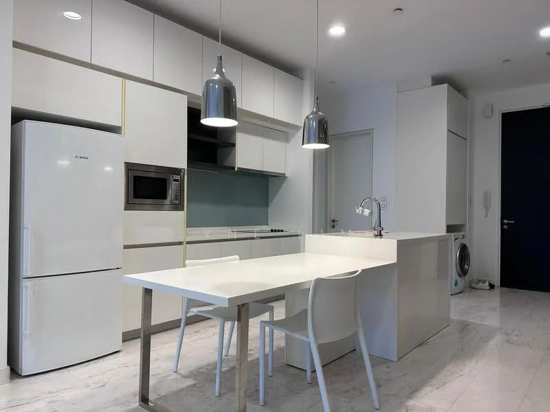 Kitchen features: white cabinetry, stainless-steel fridge, built-in microwave, ceramic cooktop, white countertop, single-bowl stainless-steel sink, chrome pull-down faucet, pendant lighting, marble tile flooring, open layout, dining table with four chairs, washer-dryer combo; style: modern.