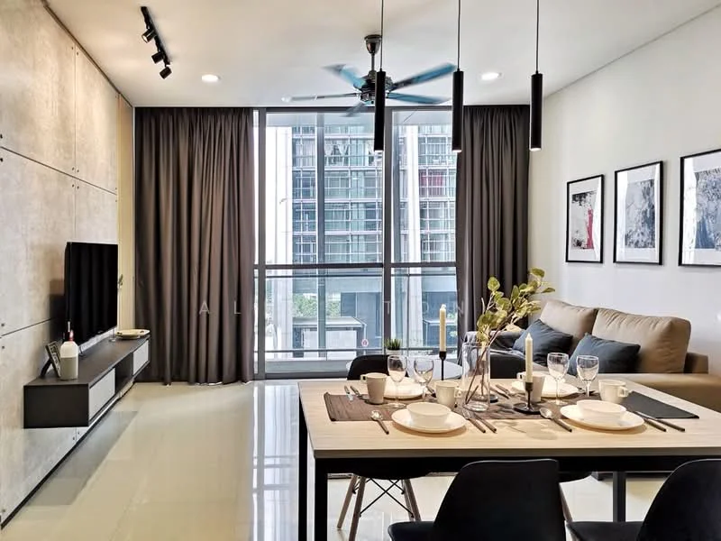 Living features: grey fabric sofa, coffee table, wall-mounted TV, black TV console, 5-blade ceiling fan with light, recessed downlights, floor-to-ceiling windows, curtains, dining table with place settings, decorative wall art, light-colored flooring, exposed concrete wall; style: modern; view: city.