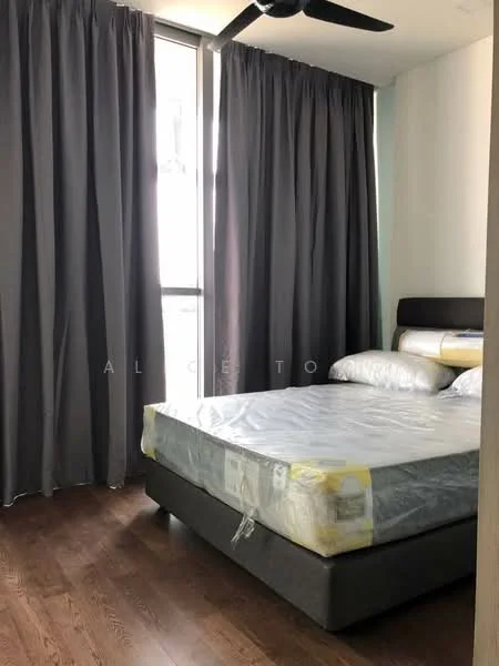 Bedroom features: queen-size bed, upholstered headboard, floor-to-ceiling windows, grey curtains, wooden flooring, ceiling fan, nightstand, decorative pillows; style: modern.