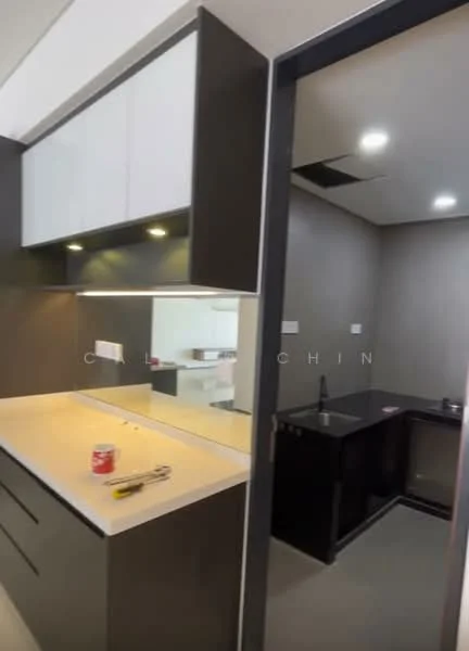 Kitchen features: white cabinetry with upper glass-front cabinets, black lower cabinetry, quartz countertop, single-bowl stainless-steel sink, chrome pull-down faucet, built-in microwave, recessed LED downlights, grey wall paint, grey tile flooring, open layout to adjacent space; style: modern.