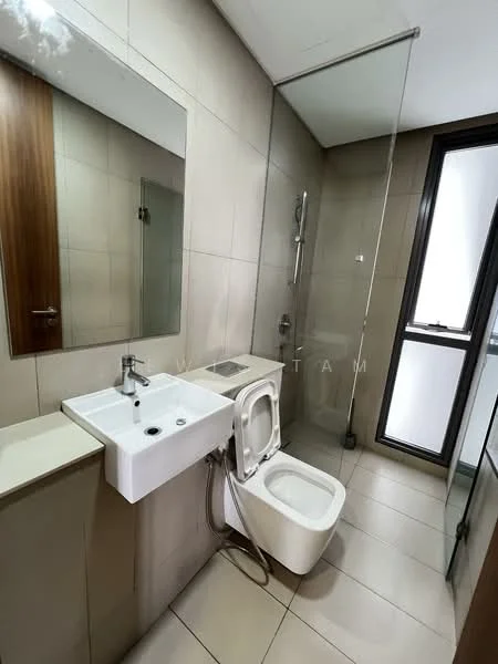 Bathroom features: single-sink vanity with white cabinet, chrome basin mixer faucet, framed mirror, one-piece toilet, walk-in shower with glass enclosure, rain shower head, tile cladding on walls, ceramic tile flooring, sliding glass window; style: modern.