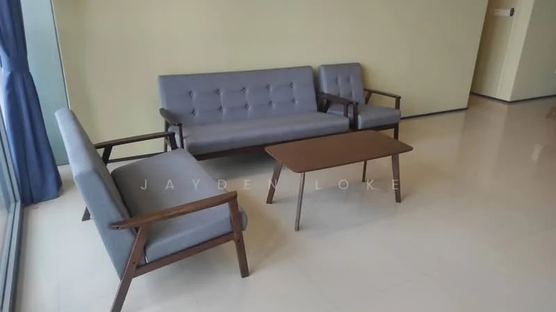 Living features: 3-seater fabric sofa in grey, 2-seater fabric sofa in grey, wooden armchairs, wooden coffee table, cream painted walls, large windows with sheer curtains, tile flooring, recessed downlights; style: modern.