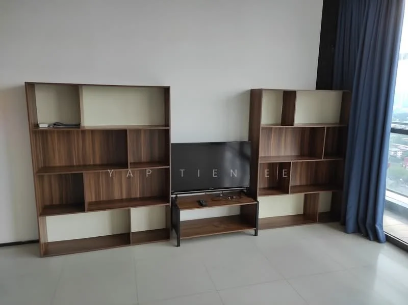 Living features: two wooden shelving units with open compartments, black television, light-colored walls, floor-to-ceiling windows, curtains in dark blue, light-colored flooring, minimalist decor, modern design; style: modern; view: city.