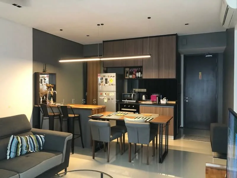 Kitchen features: grey painted walls, white ceiling, recessed downlights, pendant light, open shelving, wood cabinetry, stainless-steel fridge, built-in coffee machine, kitchen island with seating, 4-seater dining table, grey fabric sofa, area rug with geometric pattern, TV console, wall-mounted TV; style: modern.