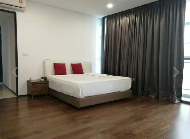 Bedroom features: queen-size bed with white bedding, upholstered headboard, two red accent pillows, wooden flooring, floor-to-ceiling windows, grey curtains, nightstand with drawer, wall-mounted air conditioning unit, decorative wall art, light fixture in ceiling; style: modern.