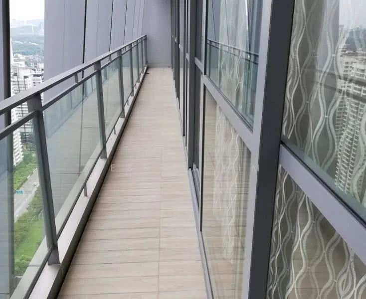Room features: glass railing, ceramic tile flooring, floor-to-ceiling windows, curtains with wave pattern, balcony, city view; style: modern; view: city.