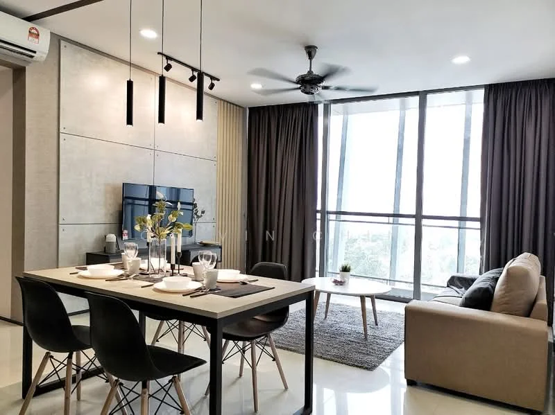 Dining features: dining table with 4 black chairs, grey area rug, floor-to-ceiling windows, curtains in dark grey, wall-mounted TV, light grey wall with paneling, ceiling fan, recessed downlights, decorative vase with flowers, coffee table, beige fabric sofa, decorative throw pillows; style: modern; view: city.