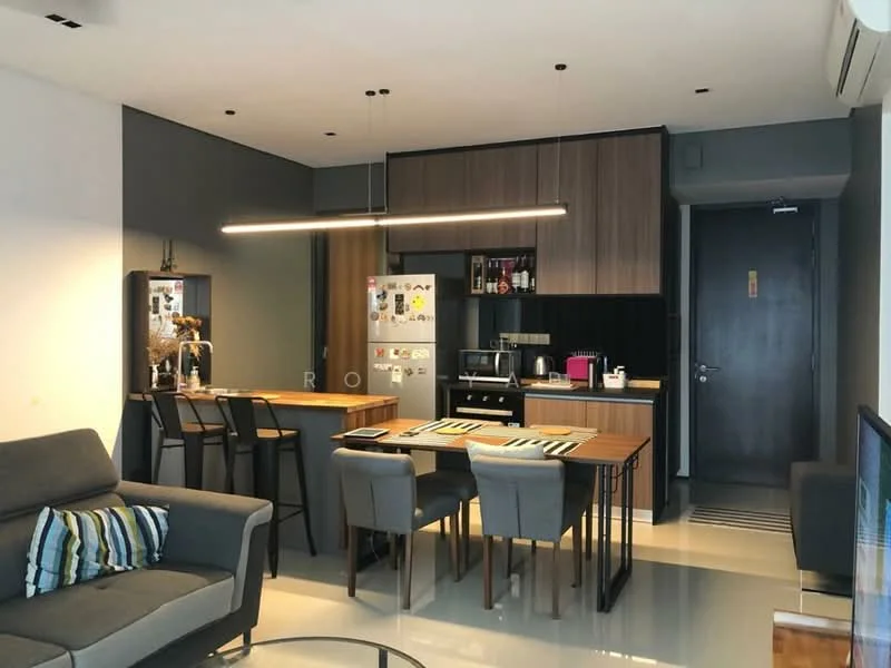 Kitchen features: grey painted walls, white ceiling, pendant light fixture, stainless-steel fridge, built-in coffee machine, wood cabinetry, black countertop, bar counter with stools, dining table with chairs, open shelving, decorative items on shelves, flooring with glossy finish; style: modern. Living features: grey fabric sofa, striped throw pillows, coffee table, wall-mounted TV, TV console, area rug, floor-to-ceiling windows, air conditioning unit; style: modern.