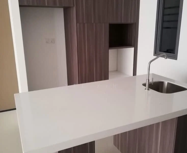 Kitchen features: white solid surface countertop, stainless-steel sink, wood cabinetry with vertical grain, open shelving, built-in storage nook, neutral wall colour, minimalist design, modern faucet; style: modern.