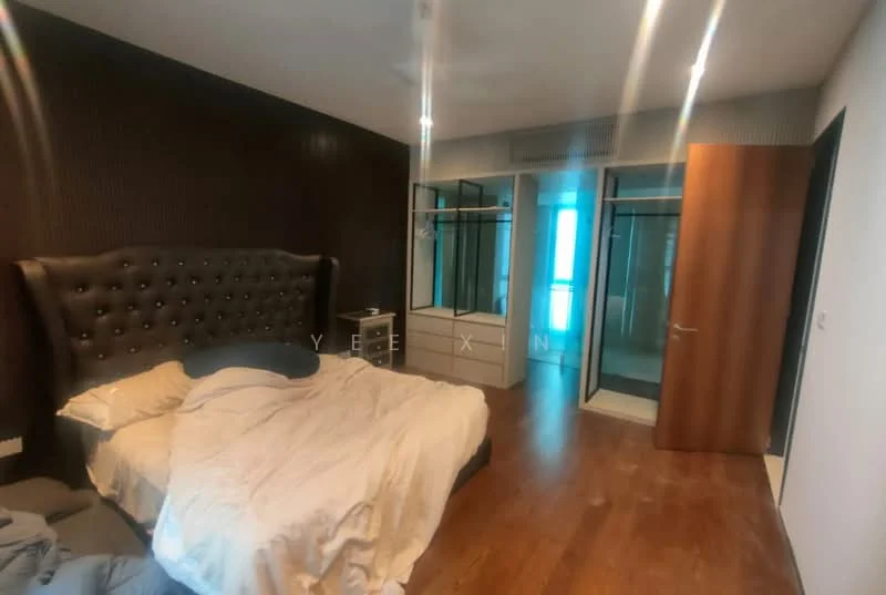 Bedroom features: king-size bed with upholstered headboard, white bedding, wood flooring, dark accent wall with tufted design, built-in wardrobe with sliding doors, large window with city view, recessed downlights, nightstand, dressing table, mirror, open closet space; style: modern; view: city.