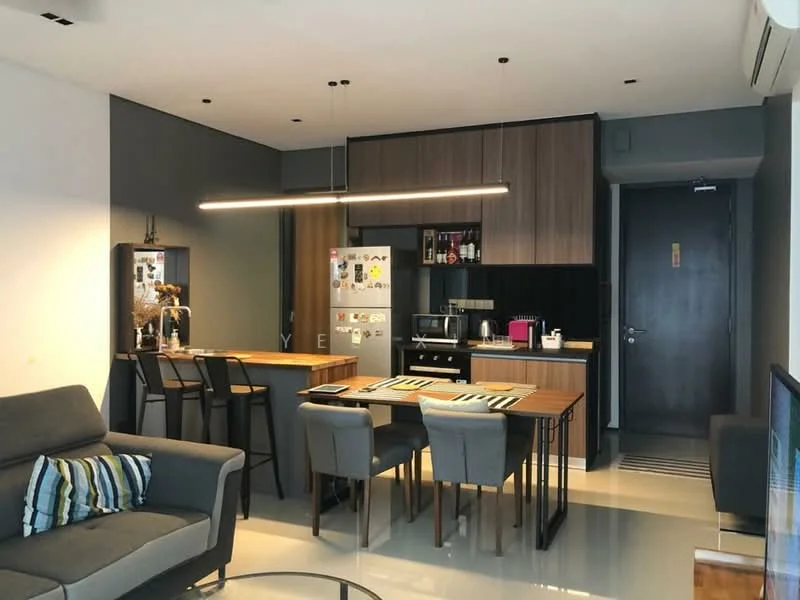Kitchen features: grey painted walls, white ceiling, pendant light fixture, kitchen island with breakfast bar, wooden countertop, stainless-steel fridge, built-in coffee machine, microwave, black cabinetry, open shelving, dining table with chairs, area rug, sofa with cushions, TV console, floor-to-ceiling windows; style: modern.