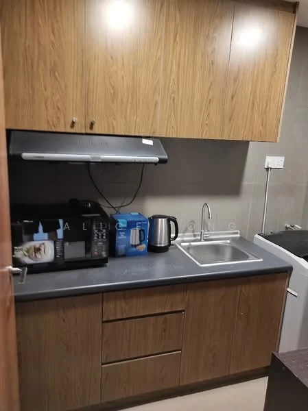 Kitchen features: wood cabinetry, grey countertop, single-bowl stainless-steel sink, chrome pull-down faucet, built-in range hood, kettle, coffee machine, water dispenser, washing machine, tile backsplash; style: modern.