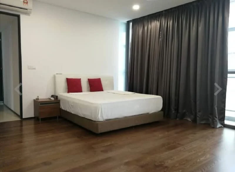 Bedroom features: queen-size bed, upholstered headboard, two red decorative pillows, wooden flooring, floor-to-ceiling windows, grey curtains, nightstand, table lamp, wall-mounted air conditioning unit, white painted walls; style: modern.