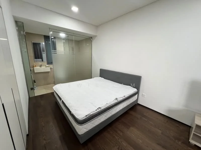 Bedroom features: queen-size bed, grey upholstered bed frame, wooden flooring, white painted walls, glass partition to bathroom, built-in wardrobe, recessed ceiling lights, no bedding on mattress; style: modern.