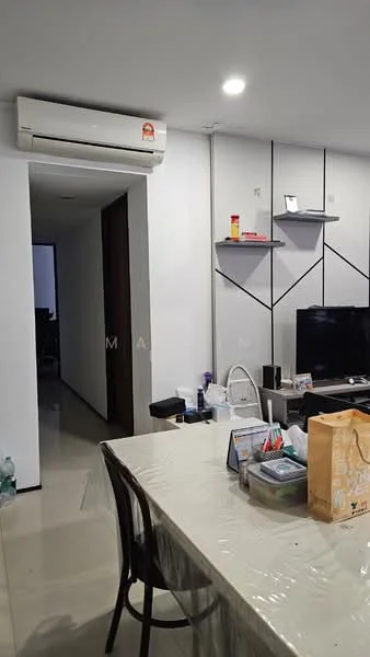Room features: wall-mounted split AC, TV console, wall-mounted TV, shelves on wall, dining table, plastic table cover, floor tiles, light fixtures, doorway leading to another room; style: modern.