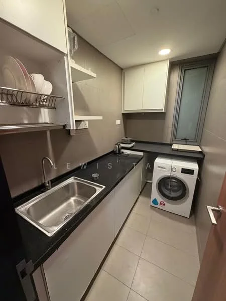 Kitchen features: single-bowl stainless-steel sink, chrome pull-down faucet, black granite countertop, white flat-panel cabinets, open shelving, built-in washing machine, ceramic tile flooring, window with view, dish rack, microwave, kitchen utensils; style: modern.