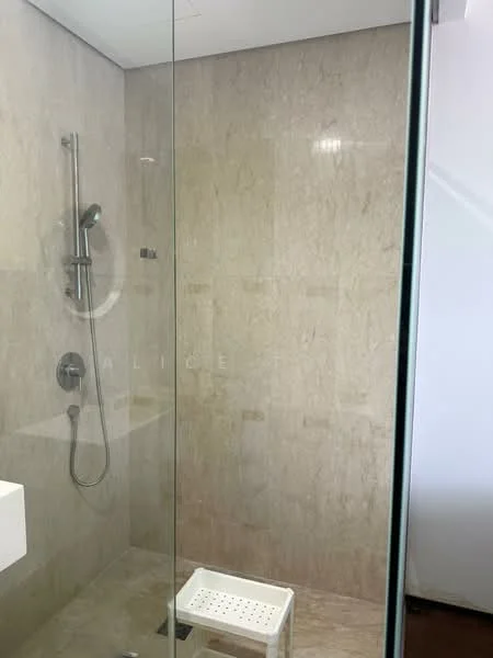 Bathroom features: walk-in shower with glass enclosure, rain shower head, handheld shower, wall-mounted faucet, white floating vanity, marble wall cladding, marble floor tiles, white shower stool; style: modern.