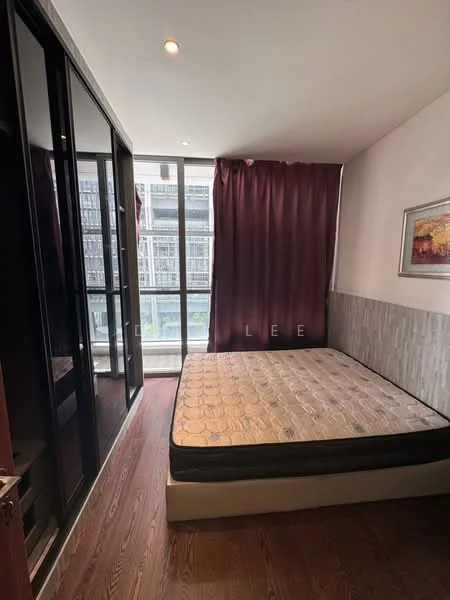 Bedroom features: queen-size bed, wooden flooring, floor-to-ceiling windows, black sliding wardrobe, purple curtains, wall-mounted artwork, recessed downlights; style: modern; view: city.