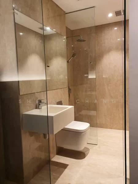Bathroom features: glass shower enclosure, rain shower head, handheld shower, wall-mounted toilet, floating vanity with sink, chrome basin mixer, tile cladding on walls, light-colored floor tiles, recessed downlights, mirror above vanity; style: modern.
