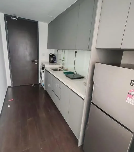 Kitchen features: grey cabinetry, white countertop, stainless-steel fridge, built-in washing machine, single-bowl stainless-steel sink, chrome pull-down faucet, wall-mounted electrical outlets, dark wood flooring, recessed lighting; style: modern.