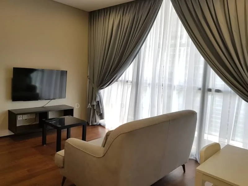 Living features: light grey fabric sofa, black coffee table, TV console, wall-mounted TV, floor-to-ceiling windows, sheer curtains, dark wood flooring, decorative wall, recessed lighting; style: modern.