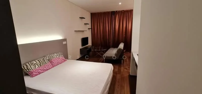 Bedroom features: queen-size bed with patterned bedding, wood flooring, wall-mounted TV, brown curtains, shelf unit on wall, sofa chair, desk with chair, recessed ceiling lights; style: modern.