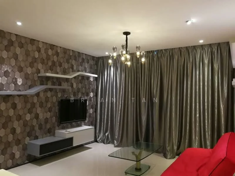 Living features: hexagonal patterned accent wall, grey curtains, chandelier with multiple bulbs, wall-mounted TV, floating shelf, white TV console, glass coffee table, red sofa, polished tile flooring, recessed lighting; style: modern.