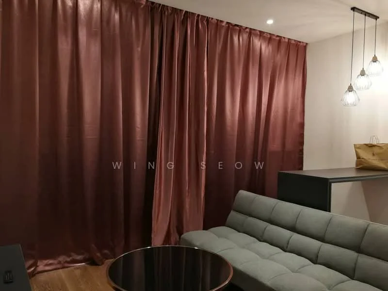 Living features: grey fabric sofa, round coffee table, brown curtains, recessed ceiling lights, pendant lights, wooden flooring, wall-mounted TV, decorative wall, minimalist decor; style: modern.