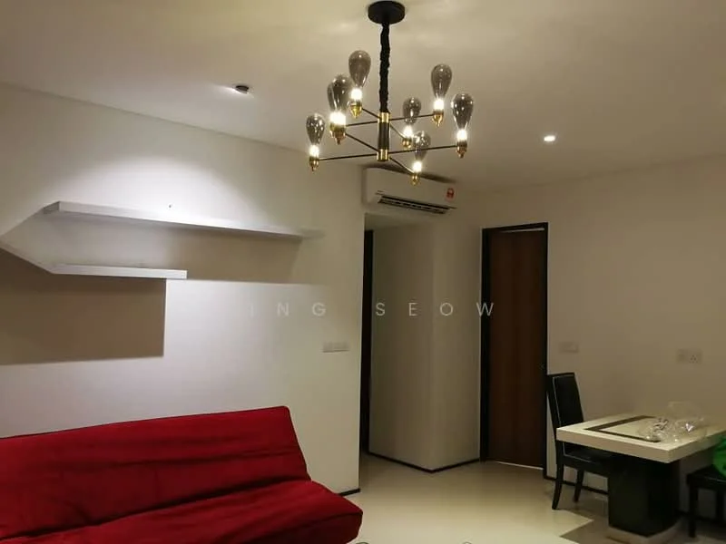 Living features: red fabric sofa, chandelier with multiple bulbs, white painted walls, recessed downlights, wall-mounted air conditioning unit, open shelving unit, dining table with chairs, dark wood door; style: modern.