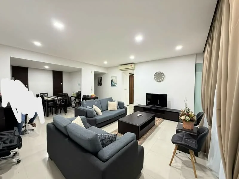 Living features: grey fabric 3-seater sofa, grey fabric 2-seater sofa, coffee table, wall-mounted TV, TV console, area rug, decorative vase with flowers, recessed LED downlights, cream painted walls, tile flooring, floor-to-ceiling windows with sheer curtains; style: modern. Dining features: 4-seater dining table, black dining chairs, cream painted walls, tile flooring; style: modern.