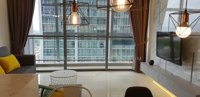 Living features: grey fabric sofa, yellow accent cushion, white marble feature wall, floor-to-ceiling windows, city skyline view, hanging pendant lights, light-colored flooring, wall-mounted TV, minimalist TV console, curtains, decorative coffee table; style: modern; view: city.