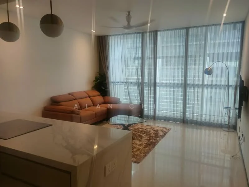 Living features: 3-seater leather sofa in brown, glass coffee table, area rug with geometric pattern, floor-to-ceiling windows, sheer curtains, recessed downlights, ceiling fan, wall-mounted TV, decorative floor lamp; style: modern; view: city.