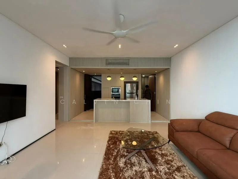 Living features: 3-seater brown leather sofa, glass coffee table, area rug with geometric pattern, wall-mounted TV, 5-blade ceiling fan with light, recessed downlights, cream painted walls, polished tile flooring; style: modern. Kitchen features: kitchen island with breakfast bar, built-in oven, stainless-steel fridge, white cabinetry, recessed lighting, open-plan layout; style: modern.