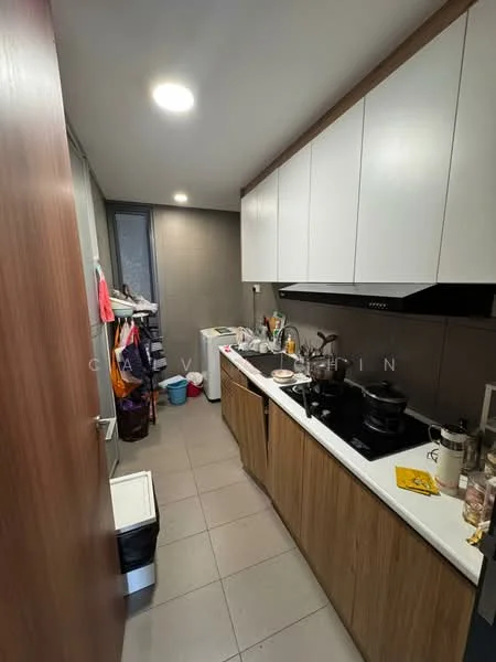 Kitchen features: white upper cabinets, wood lower cabinets, black countertop, stainless-steel sink, chrome pull-down faucet, built-in stove, exhaust hood, tile backsplash, ceramic tile flooring, refrigerator, open shelving, kitchen utensils on countertop, wall-mounted storage rack, window with natural light; style: modern.