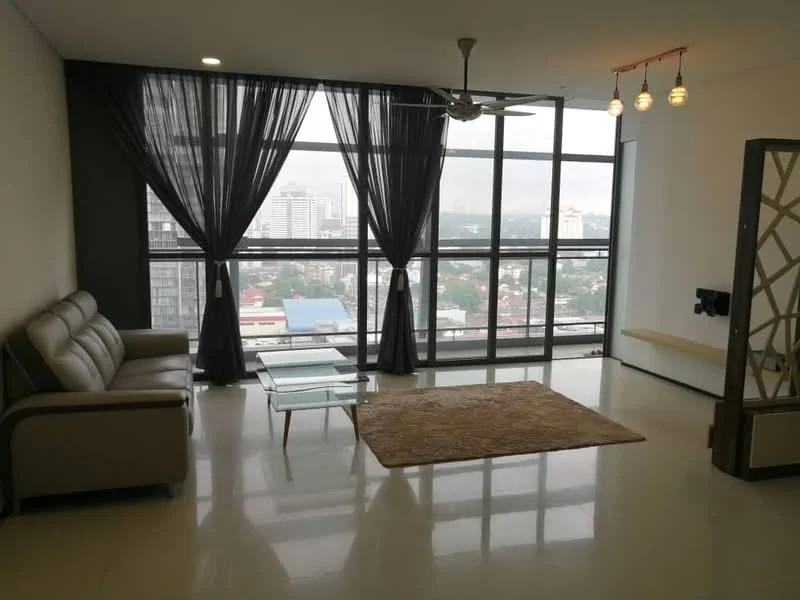 Living features: 3-seater leather sofa in grey, glass coffee table, area rug with neutral color, floor-to-ceiling windows, city view, 5-blade ceiling fan with light, wall-mounted TV console, wooden shelf, curtains in dark fabric, polished tile flooring, decorative wall panel; style: modern; view: city.