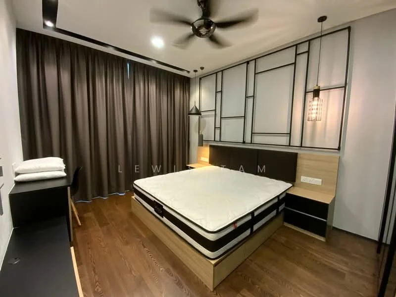 Bedroom features: queen-size bed frame without mattress, dark wood flooring, dark brown curtains, black ceiling fan, wall-mounted bedside lamp, built-in wardrobe with sliding doors, study desk with black surface, wall paneling with geometric design; style: modern.
