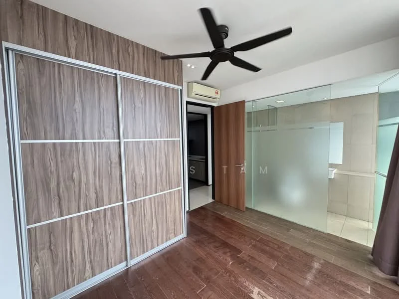 Bedroom features: wooden flooring, sliding mirror wardrobe, 5-blade ceiling fan, glass partition, neutral wall colour, recessed lighting, window with sheer curtains, attached bathroom with tile cladding; style: modern.