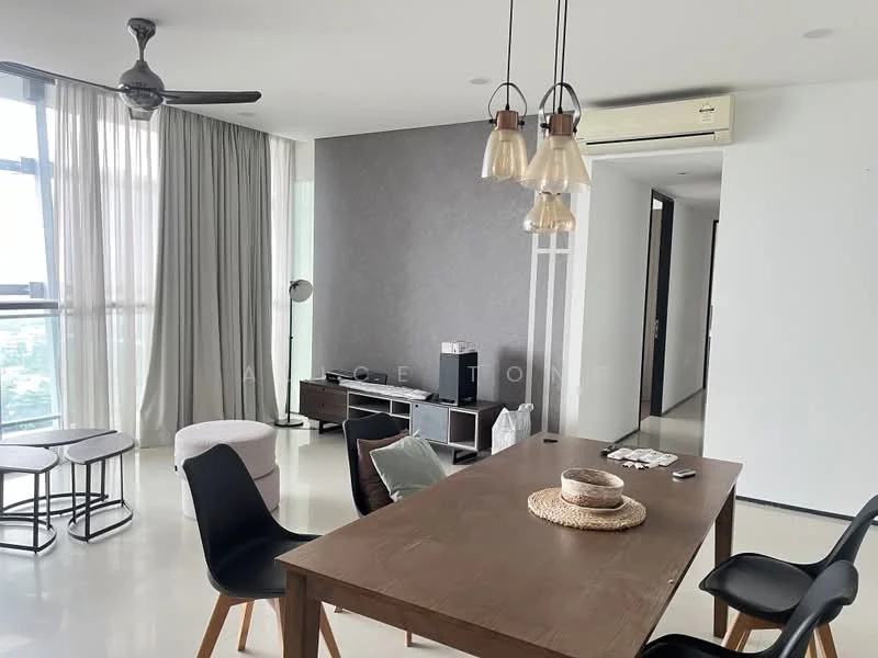 Living features: 5-blade ceiling fan, pendant lighting with three bulbs, grey accent wall, white painted walls, polished concrete flooring, floor-to-ceiling windows, curtains, dining table with four black chairs, small side tables, TV console, wall-mounted TV; style: modern; view: city.