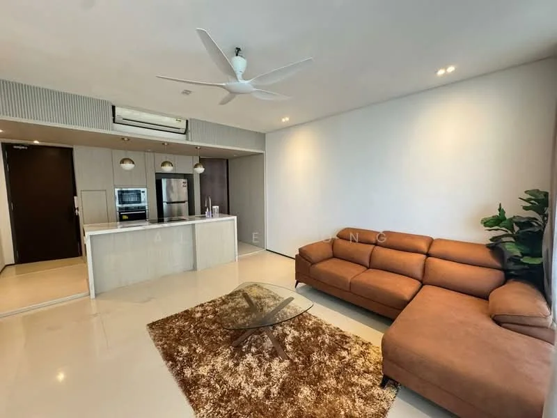 Living features: L-shape sectional sofa in brown, glass coffee table, area rug with geometric pattern, 5-blade ceiling fan with light, wall-mounted air conditioning unit, white painted walls, recessed downlights, floor-to-ceiling windows, potted plant; style: modern. Kitchen features: kitchen island, built-in oven, stainless-steel fridge, white cabinetry, countertop with light-colored finish, open shelving; style: modern.