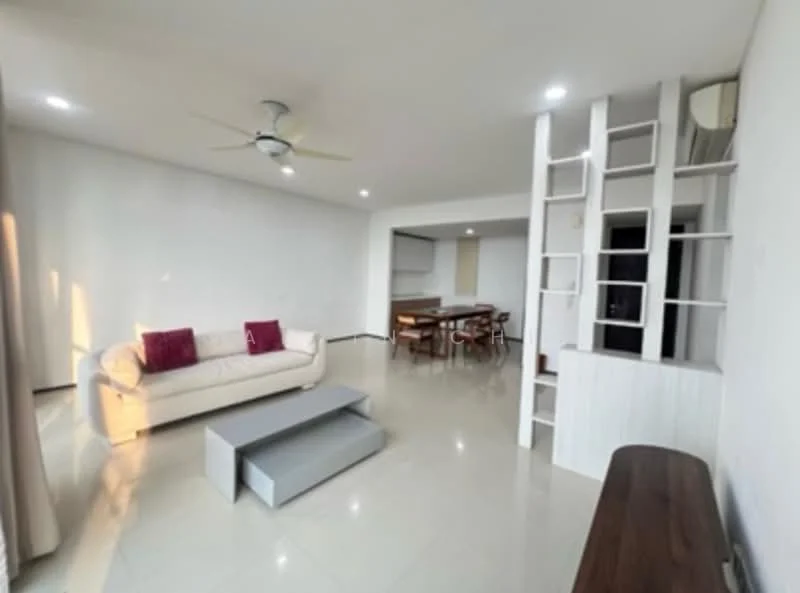 Living features: 3-seater fabric sofa in white, coffee table in grey, ceiling fan with light, recessed LED downlights, white painted walls, glossy tile flooring, dining table with chairs visible in background, open shelving unit, curtains on windows; style: modern.