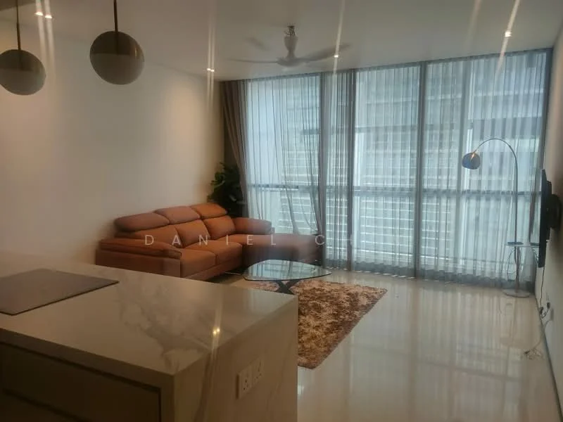 Living features: 3-seater fabric sofa in brown, glass coffee table, area rug with geometric pattern, floor-to-ceiling windows, sheer curtains, wall-mounted TV, ceiling fan, marble flooring, indirect lighting; style: modern; view: city.