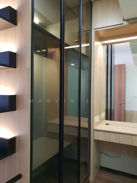 Room features: wooden cabinetry, glass sliding doors, built-in vanity with mirror, wall-mounted lighting, neutral wall colour, laminate flooring, open shelving, modern design; style: modern.