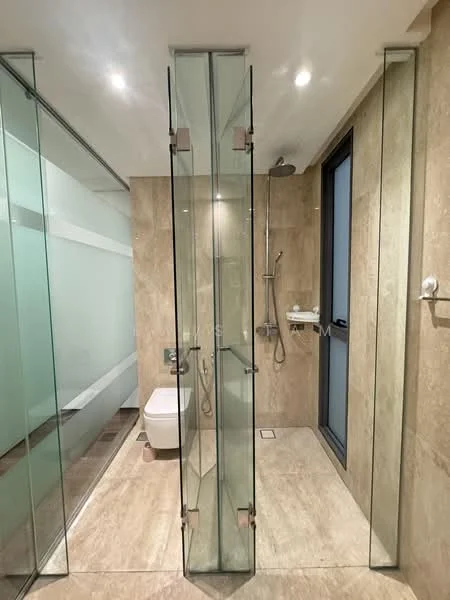 Bathroom features: glass shower enclosure, rain shower head, handheld shower, wall-mounted faucet, one-piece toilet, stone tile flooring, marble wall cladding, recessed lighting, sliding glass door, window with privacy glass; style: modern.