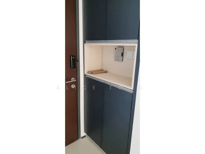Room features: dark blue cabinetry, built-in storage, light wood shelf, white wall, floor tile flooring, door with handle, electrical panel, light switch; style: modern.