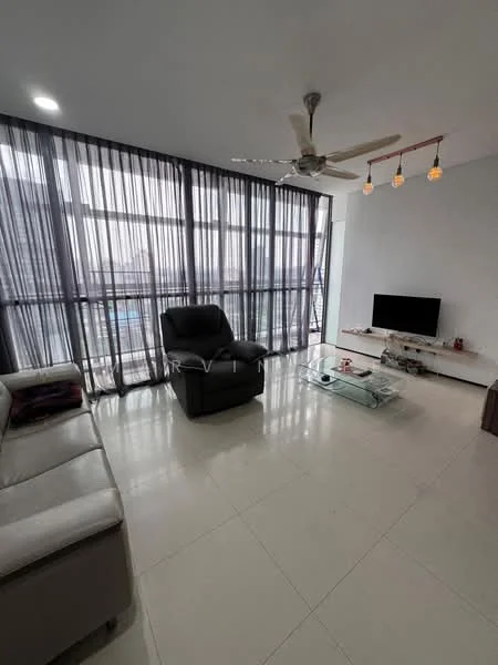 Living features: floor-to-ceiling windows, sheer curtains, 3-seater fabric sofa in light grey, single recliner chair in black, glass coffee table, TV console, wall-mounted TV, ceiling fan with 3 blades, recessed downlights, white painted walls, glossy tile flooring; style: modern; view: city.
