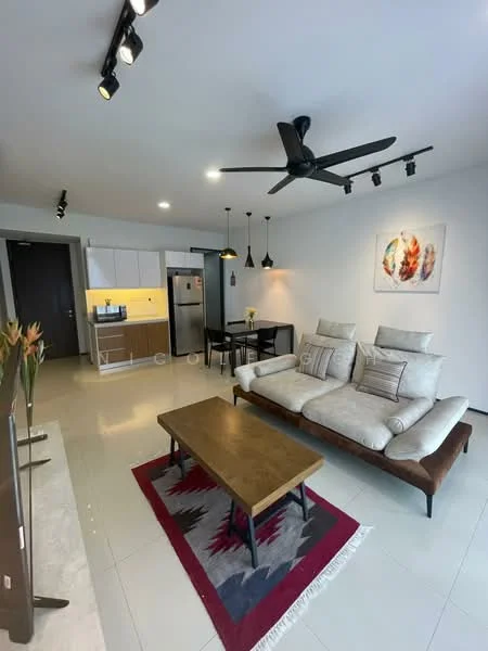 Living features: 3-seater fabric sofa in beige, wooden coffee table, area rug with geometric pattern, wall-mounted TV, 5-blade ceiling fan with light, recessed LED downlights, pendant lamps, decorative artwork on wall, white painted walls, tile flooring; style: modern. Dining features: 4-seater dining table, black dining chairs, white cabinetry, kitchen island with seating, stainless-steel fridge, built-in oven, microwave, kitchen countertop with under-cabinet lighting; style: modern.
