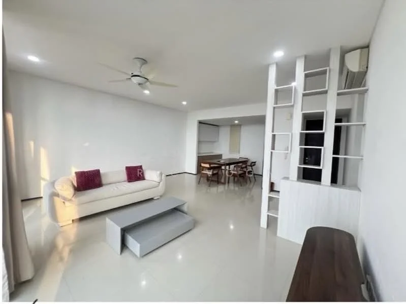 Living features: white painted walls, polished tile flooring, 5-blade ceiling fan with light, sofa in white fabric, 2 red throw pillows, coffee table in grey, wooden console table, open shelving unit, recessed downlights; style: modern. Dining features: dining table with wooden legs, 4 dining chairs, open layout to kitchen, natural light from windows; style: modern.